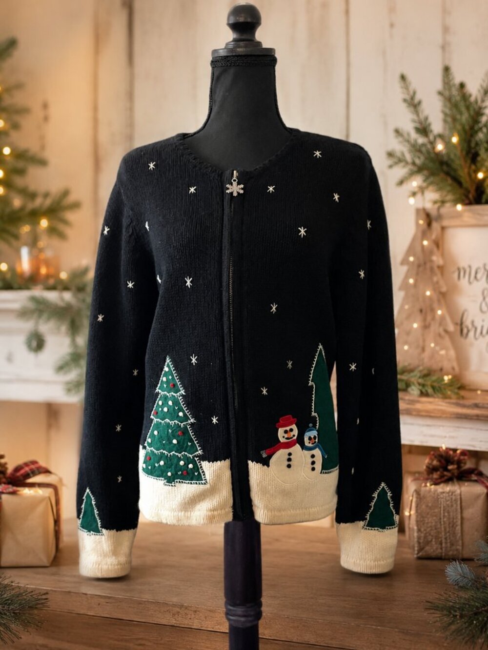 Charter Club P/M 100% Lambswool Christmas Snowman Tree Zip Cardigan Black Beige